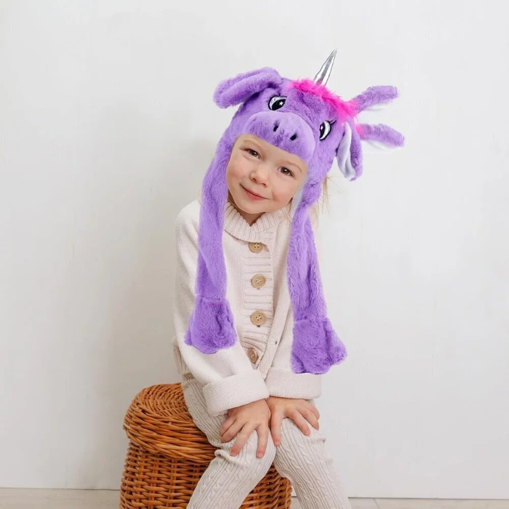 Kids Unicorn pueple Animal Hat with Ears Moving Jumping Pop Up Beating Plush